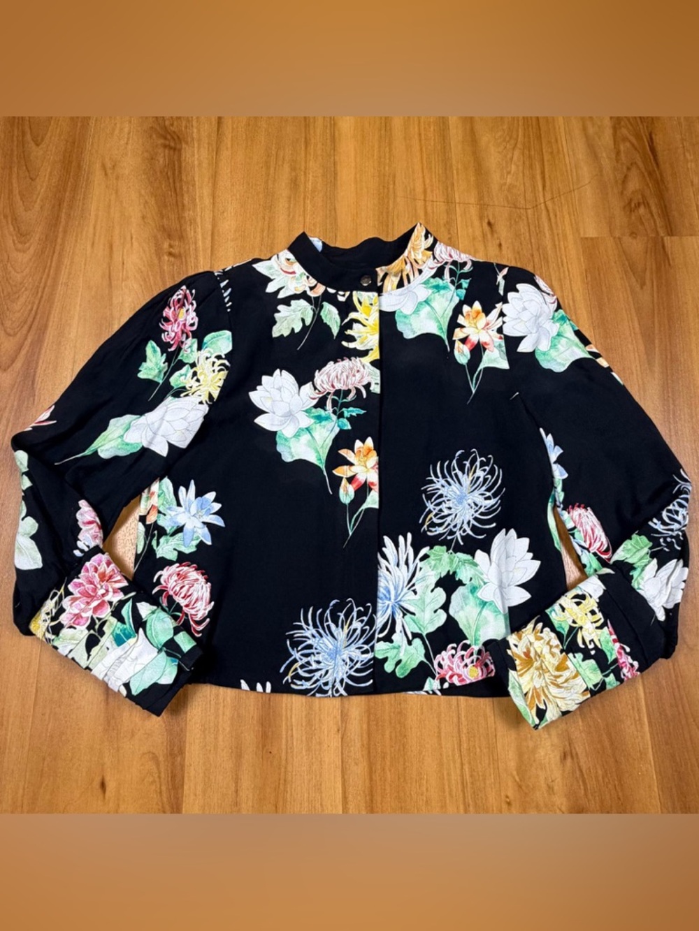 ZARA Floral Blouse Black Long Sleeve Boho Lightweight Women Size Small Top